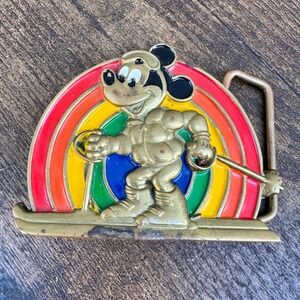 Vintage Disney Mickey Mouse Skiing Rainbow Belt Buckle Solid Brass Baron